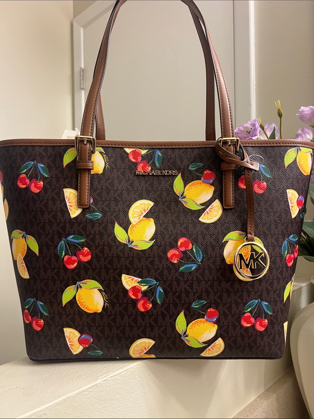 Michael Kors Brown Signature Tote with Yellow Lemon & Red Cherry Print